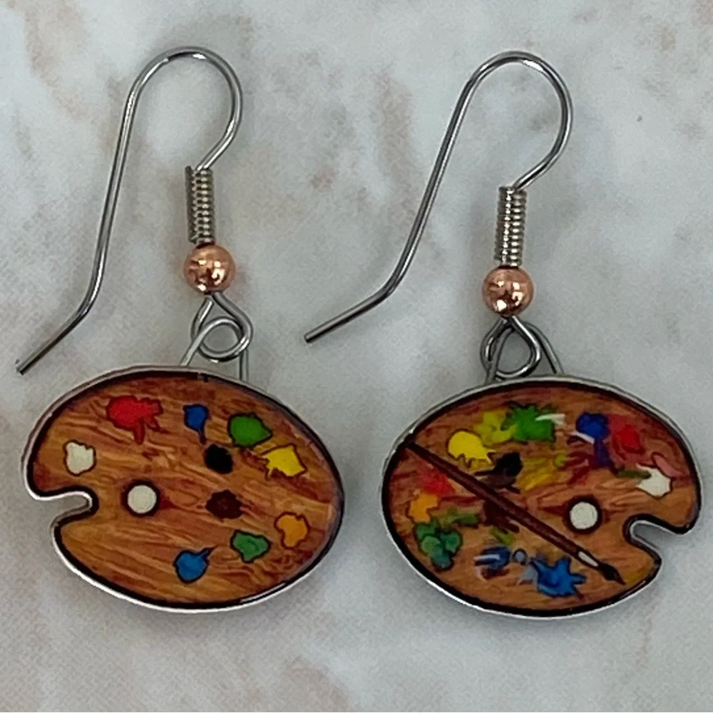 Artist Palette Paint & Brush Drop Earrings  Hand Made Signed Jewelry Art EUC